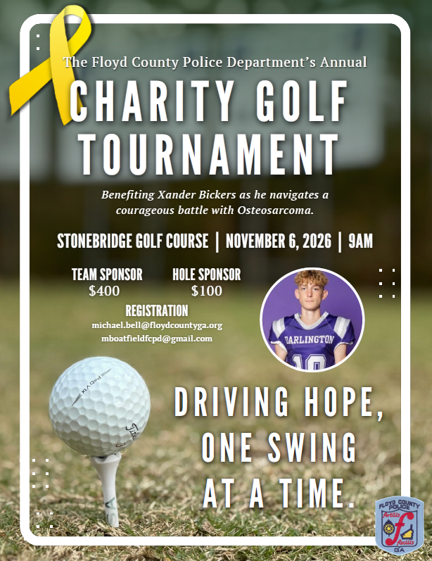 Flyer for Floyd County Police Department Charity Golf Tournament held on November 6, 2026 at Stonebridge Golf Club.